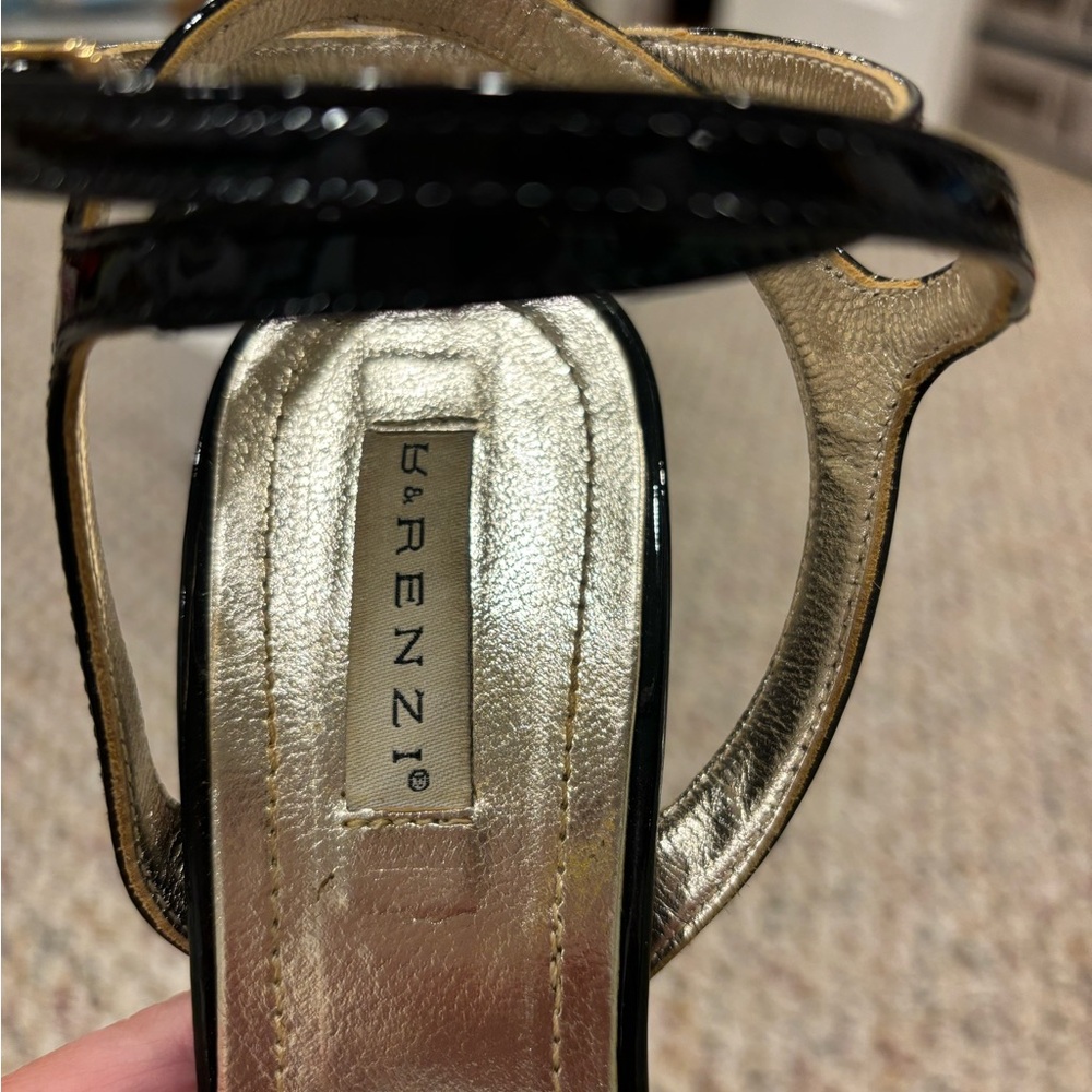Lorenzi patent leather stiletto hills 38, golden sole and hill, strap tie